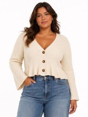 KATE & MALLORY Button Front Peplum Cardigan Cream Size Large